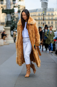 yoyo cao, camel coat, fur coat, long coat, camel leather coat, camel leather boots, white t-shirt, white jeans, PARIS, PFW, SPRING SUMMER 2020, SS 20, fashion week, frenchystyle, FW, jonathan paciullo, street style, vertical, full length