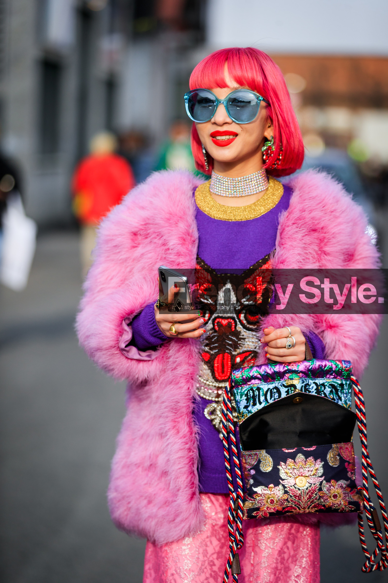 animal print, chinese print, choker, dyed hair, fur jacket, fuschia, glitter, graphic bag, gucci, japanese print, leather bag, multicolor bag, necklace, pink fur, pink hair, pink jacket, pink pants, printed bag, purple skirt, purple sweater, red lips, red sweater, rings, sequined pants, sequined skirt, shiny pants, shiny skirt, sunglasses, tights, fashion week, frenchystyle, FW, jonathan paciullo, street style, MFW, MILAN, AUTUMN WINTER 2018-2019, FALL WINTER 2018-2019, FW 18-19, vertical, detail, atmosphere details, Ami and Aya Suzuki, Ami and Aya Suzuki, Ami and Aya Suzuki, Ami and Aya Suzuki