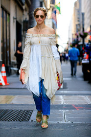 blue denim, braids, chloe king, denim pants, fashion week, frenchystyle, full length, FW, green shoes, high heels, jeans, jonathan paciullo, leather shoes, NEW YORK, NYFW, off the shoulder, SPRING SUMMER 2018, SS 18, street style, sunglasses, trousers, vertical, white dress