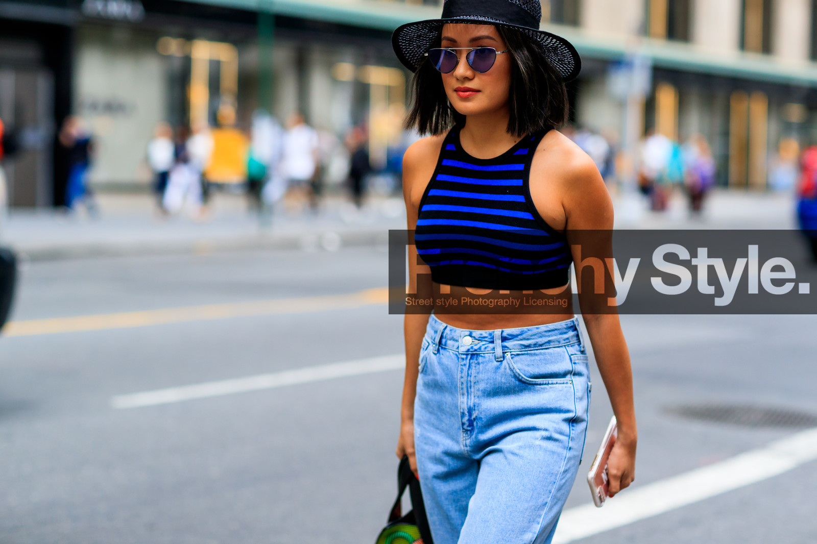 black bra, black hat, blue denim, crop top, denim pants, graphic top, jeans, printed top, striped top, sunglasses, trousers, fashion week, frenchystyle, FW, jonathan paciullo, street style, NYFW, NEW YORK, SPRING SUMMER 2019, SS 19, atmosphere details, horizontal, detail