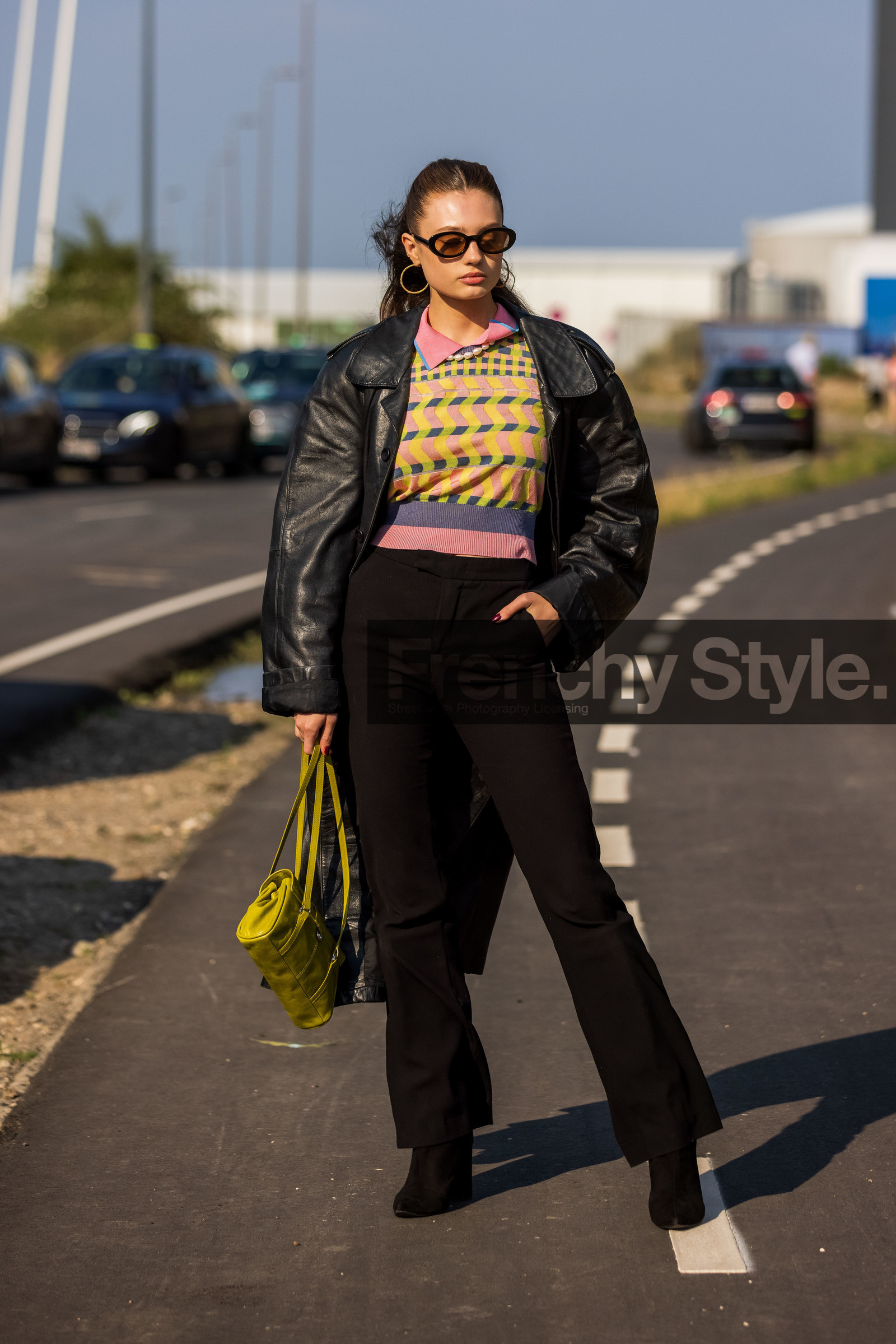 bag, black boots, black coat, black pants, black sunglasses, boots, checked knit, coat, color, flare pants, green bag, knit, knitwear, leather bag, leather coat, long coat, multicolor, pants, pearl necklace, pink knit, print, printed knit, suede boots, sunglasses, yellow knit, Emilie Billington, fashion week, frenchystyle, FW, jonathan paciullo, street style, CPHFW, COPENHAGEN, SS 22, SPRING SUMMER 2022, vertical, full length