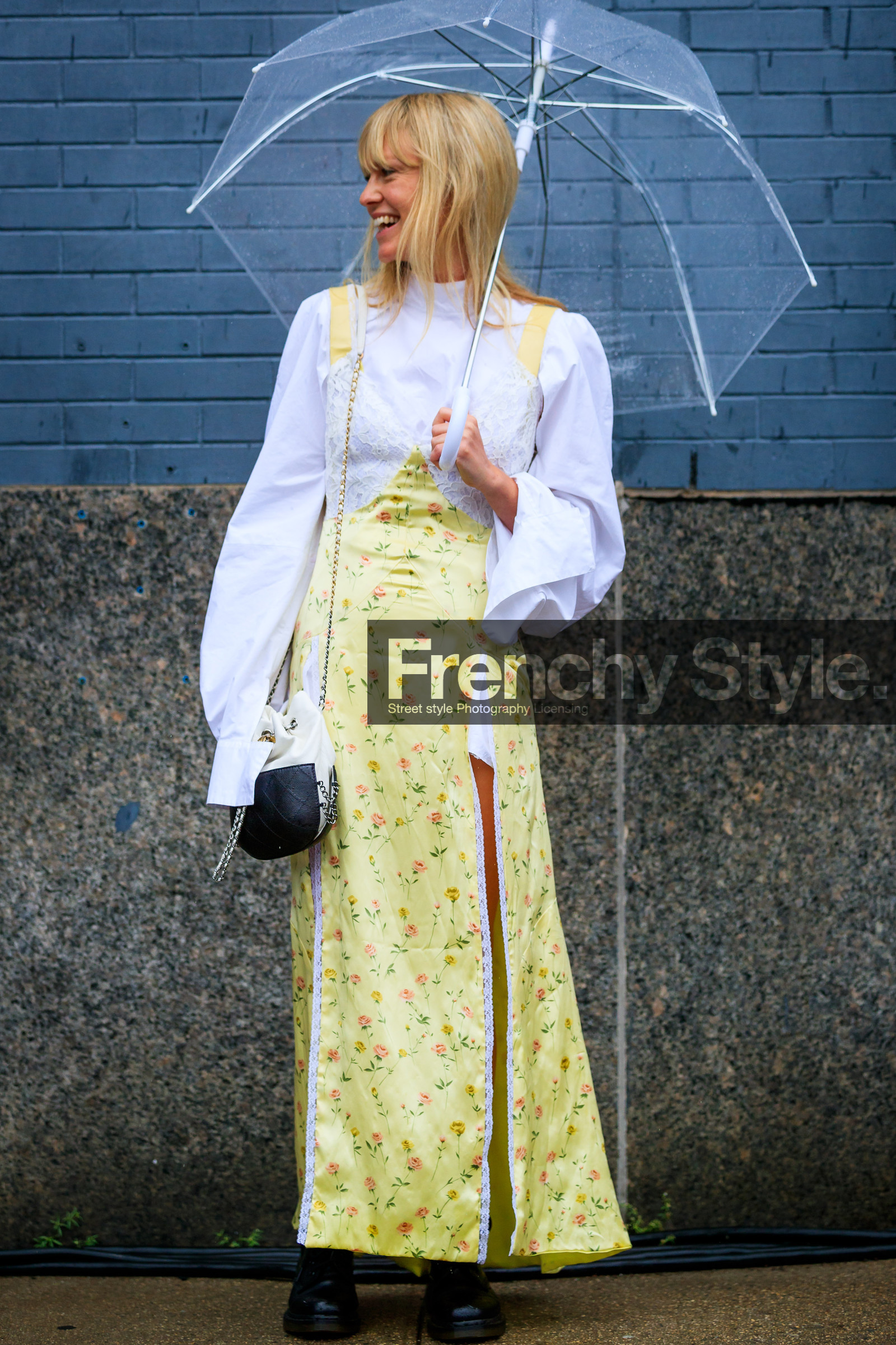 black and white bag, black bag, black shoes, chanel handbag, floral, flowers, graphic skirt, jeanette madsen, leather bag, leather shoes, printed skirt, umbrella, white shirt, yellow dress, yellow skirt, street style, jonathan paciullo, FW, frenchystyle, fashion week, NYFW, NEW YORK, SPRING SUMMER 2019, SS 19, vertical, full length