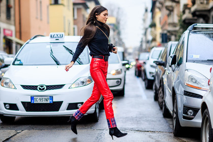 atmosphere details, AUTUMN WINTER 2016-2017, AW 16-17, black belt, black boots, black sweater, diletta bonaiuti, FALL WINTER 2016-2017, fashion week, frenchystyle, full length, FW, FW 16-17, high heels, horizontal, jonathan paciullo, leather pants, LFW, LONDON, long hair, marc jacobs, MENSWEAR, plaid, red pants, street style, suede shoes, trousers