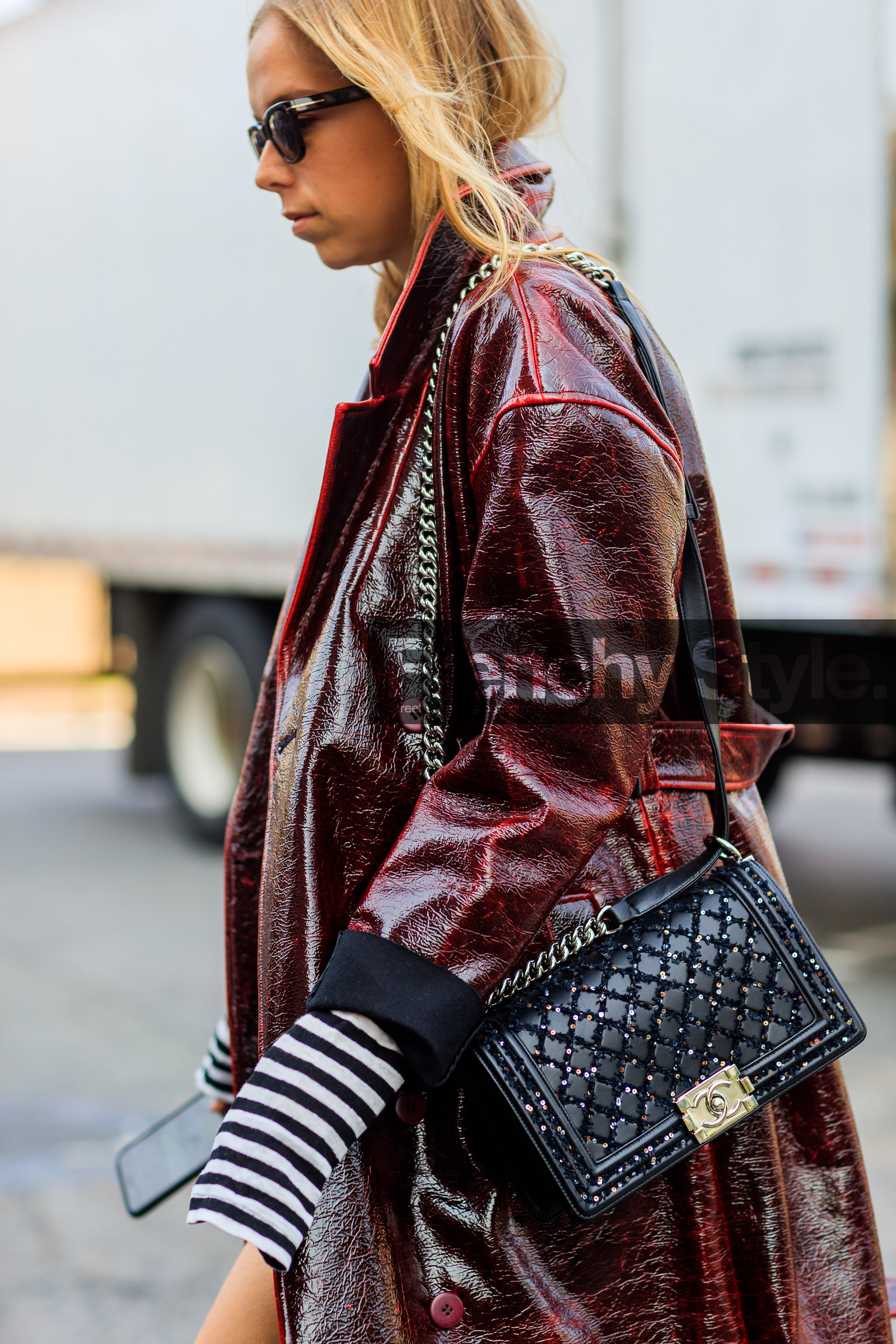 atmosphere details, black bag, boy bag, chanel, chloe king, detail, fashion week, frenchystyle, FW, jonathan paciullo, leather bag, leather coat, NEW YORK, NYFW, red coat, SPRING SUMMER 2018, SS 18, street style, striped sweater, sunglasses, vertical