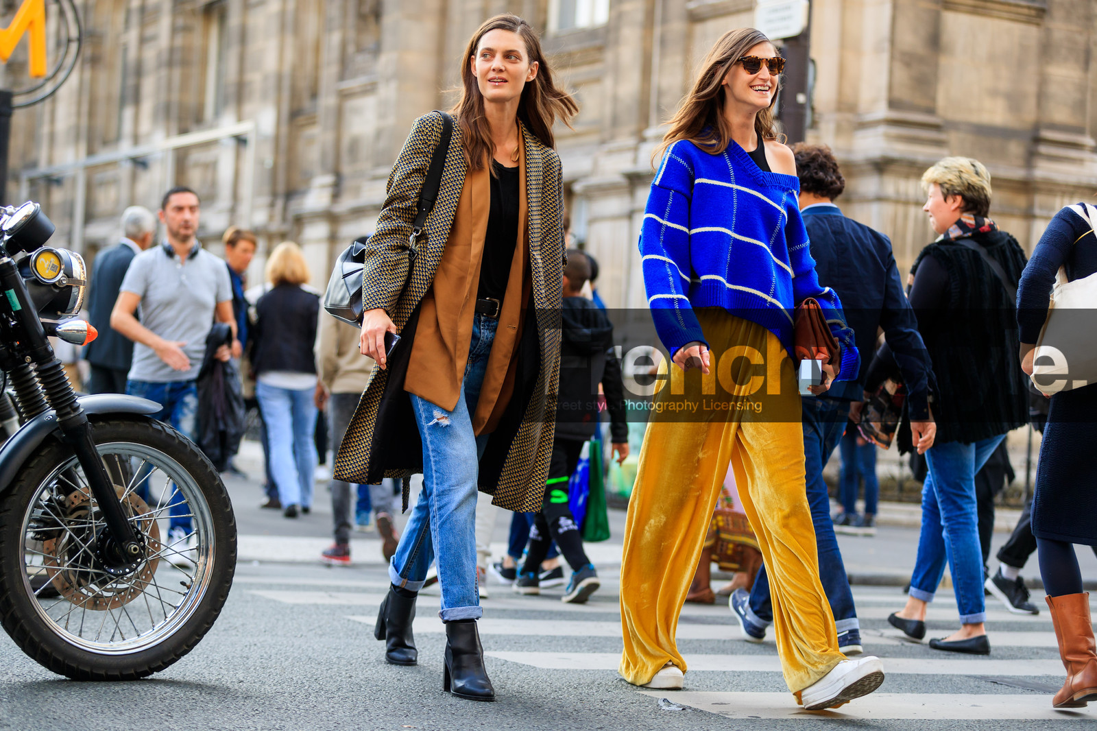 atmosphere details, black shoes, blue denim, blue sweater, brown bag, brown coat, camel jacket, denim pants, fashion week, frenchystyle, full length, FW, graphic jacket, graphic sweater, high heels, horizontal, jeans, jonathan paciullo, leather bag, leather shoes, long hair, PARIS, PFW, printed coat, printed jacket, printed sweater, SPRING SUMMER 2018, SS 18, street style, striped sweater, sunglasses, trousers, velvet, white sneakers, yellow pants, model