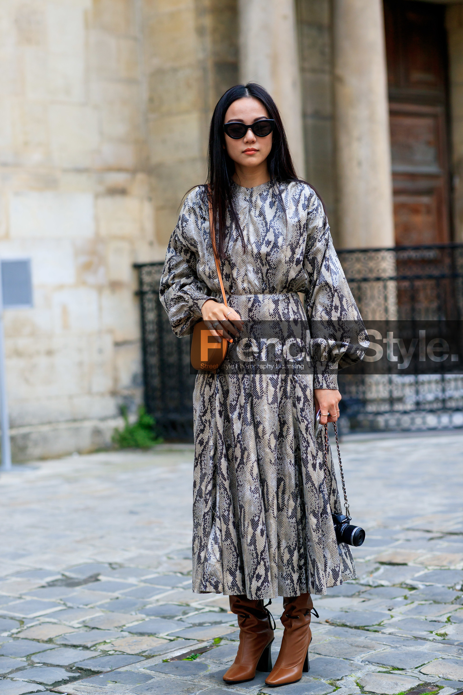 animal print, brown boots, camel bag, graphic dress, high heels, leather bag, leather dress, leather shoes, printed dress, snake print, sunglasses, yoyo cao, PARIS, PFW, street style, jonathan paciullo, FW, frenchystyle, fashion week, AUTUMN WINTER 2019-2020, AW 19-20, FALL WINTER 2019-2020, FW 19-20, vertical, full length