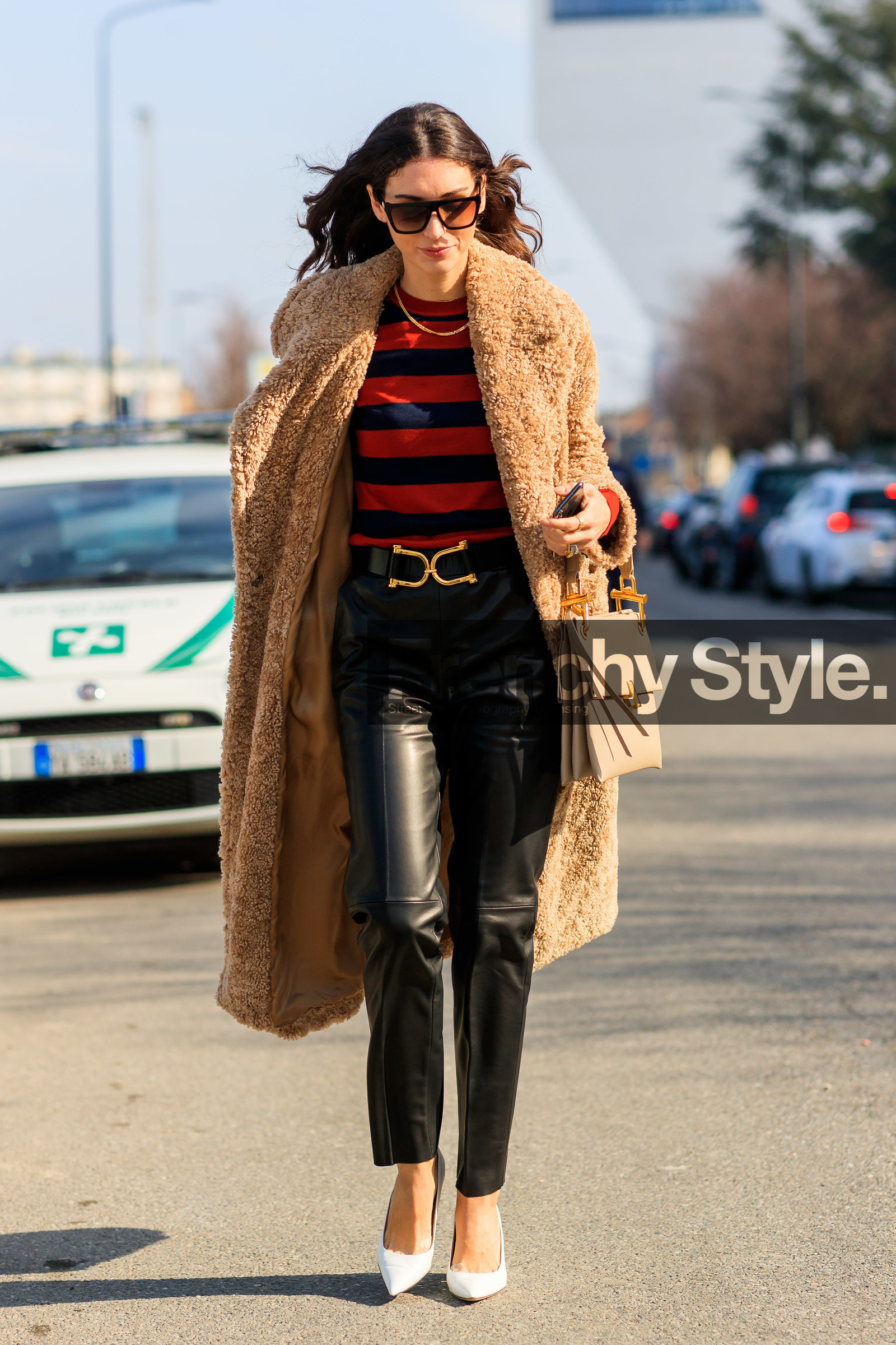 diletta bonaiuti, beige coat, fur coat, red pullover, striped pullover, black leather pants, black leather belt, belted pants, black sunglasses, square shape glasses, smoked sunglasses, white leather shoes, sharp end shoes, beige leather bag, navy blue pullover, fashion week, frenchystyle, FW, jonathan paciullo, street style, MFW, MILAN, AUTUMN WINTER 2020-2021, FALL WINTER 2020-2021, FW 20-21, vertical, full length