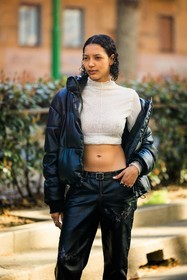 puffed jacket, black jacket, cropped top, white top, black pants, leather pants, model, fashion week, frenchystyle, FW, jonathan paciullo, street style, vertical, atmosphere details, detail