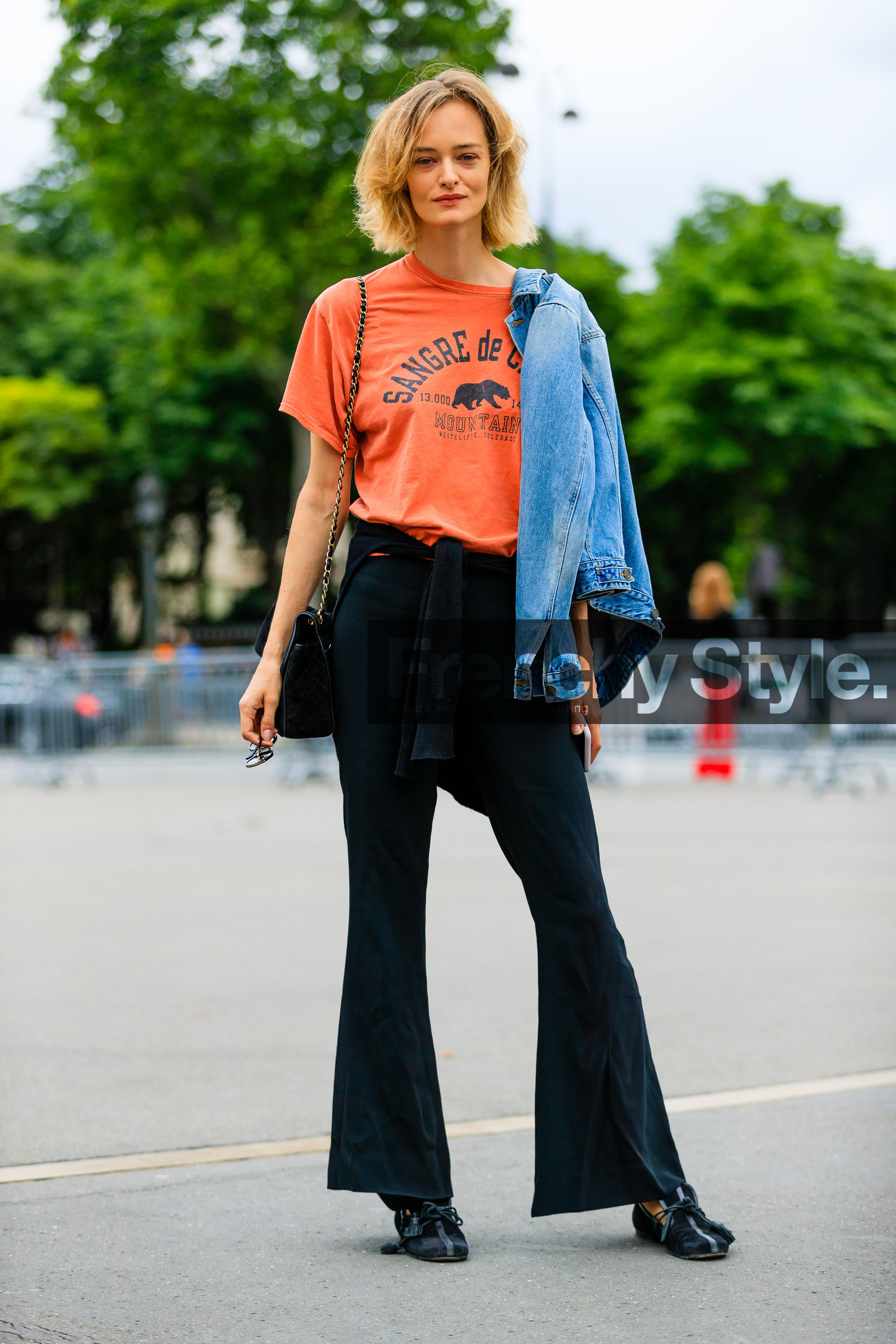 AUTUMN WINTER 2016-2017, AW 16-17, black bag, black pants, black shoes, black sweater, blue denim, blue jacket, chanel, denim jacket, FALL WINTER 2016-2017, fashion week, frenchystyle, full length, FW, FW 16-17, HAUTE COUTURE, jonathan paciullo, leather bag, MENSWEAR, mocassins, model, Nadine Strittmatter, orange top, PARIS, PFW, printed t shirt, street style, suede shoes, tied up sweater, trousers, vertical