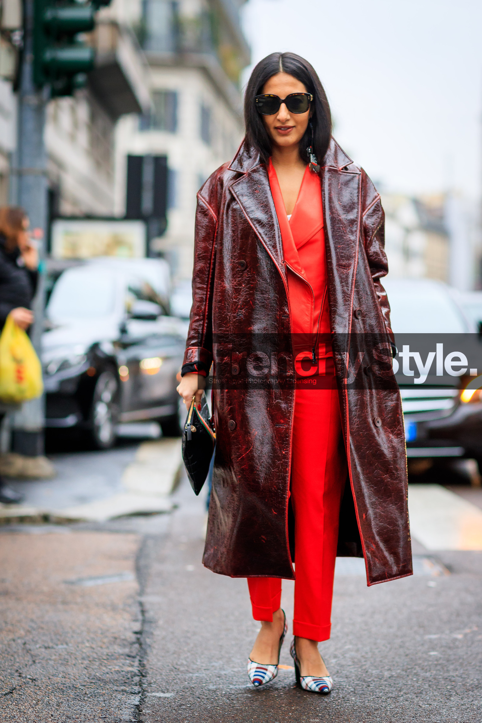 black bag, bordeaux, burgundy, leather bag, leather coat, leather jacket, leather perfecto, leather shoes, printed shoes, red coat, red jacket, red pants, sunglasses, trousers, fashion week, frenchystyle, FW, jonathan paciullo, street style, MFW, MILAN, AUTUMN WINTER 2018-2019, FALL WINTER 2018-2019, FW 18-19, vertical, full length, nausheen shah