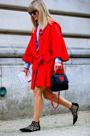 black bag, black shoes, blue shirt, embroidered shoes, fashion week, frenchystyle, full length, FW, jonathan paciullo, leather bag, leather shoes, PARIS, PFW, red coat, SPRING SUMMER 2017, SS 17, street style, sunglasses, vertical