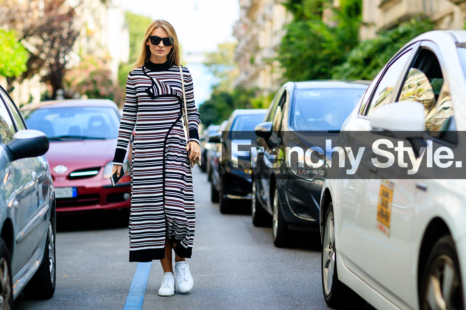 atmosphere details, black and white, fashion week, frenchystyle, full length, FW, geometric, graphic dress, horizontal, jonathan paciullo, leather shoes, leather sneakers, maria kolosova, MFW, MILAN, printed dress, SPRING SUMMER 2017, SS 17, street style, striped dress, sunglasses, white sneakers