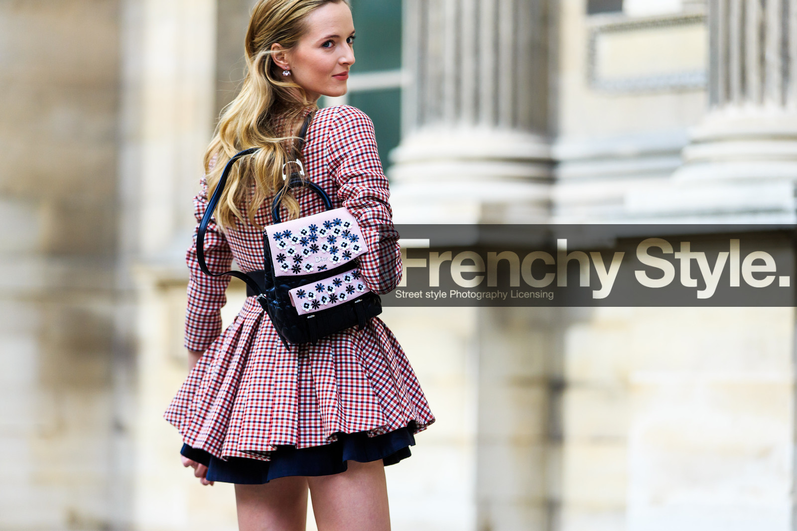 atmosphere details, AUTUMN WINTER 2016-2017, AW 16-17, backpack, belted dress, black belt, check dress, checked dress, daria strokous, detail, earrings, embroidered bag, FALL WINTER 2016-2017, fashion week, frenchystyle, FW, FW 16-17, graphic dress, horizontal, jonathan paciullo, leather backpack, long hair, PARIS, PFW, pink dress, plaid, printed dress, red dress, street style
