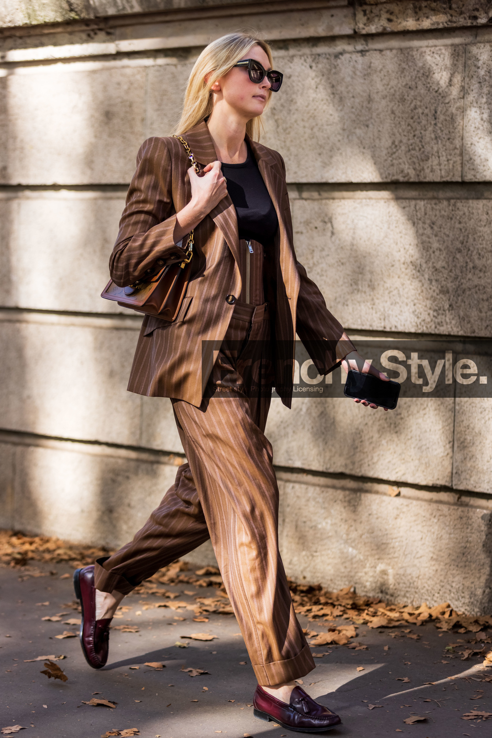 bag, black top, blazer, brown blazer, brown corset, brown pants, burgundy loafers, burgundy mocassins, camel bag, corset, Jane McFarland, loafers, louis vuitton bag, pants, print, printed blazer, printed pants, stripes, stripped blazer, stripped pants, suit, sunglasses, street style, jonathan paciullo, FW, frenchystyle, fashion week, PFW, PARIS, SPRING SUMMER 2022, SS 22, vertical, full length