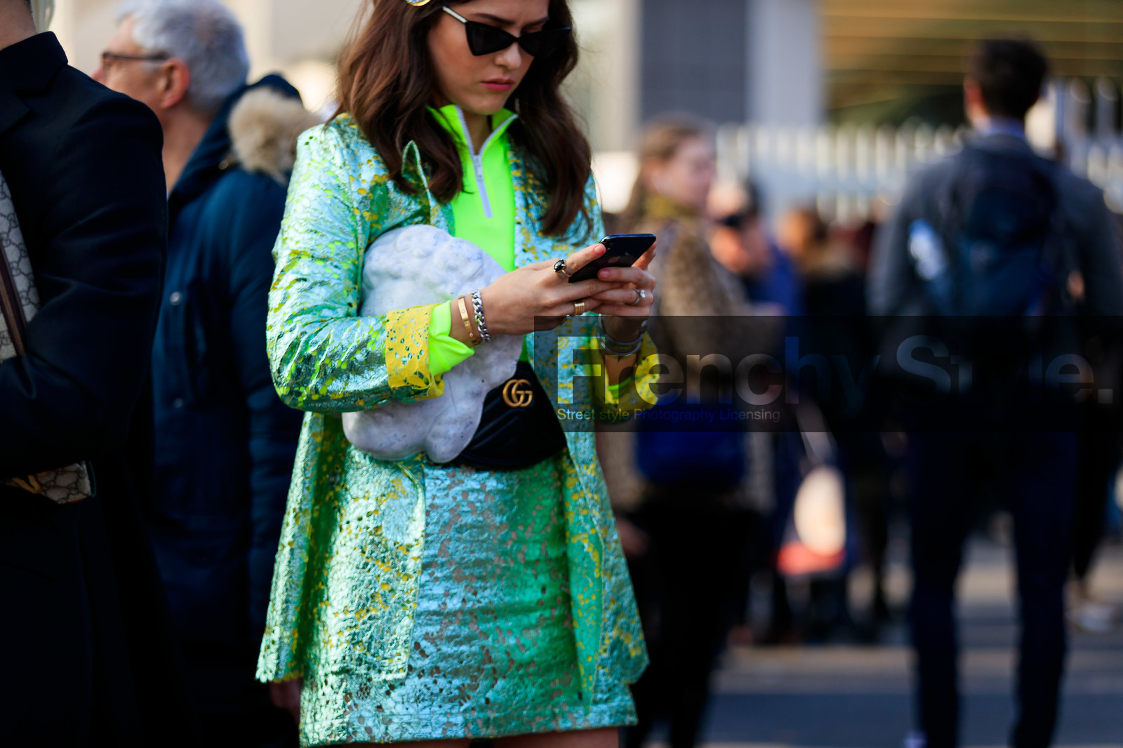 black bag, blazer, bulgari, fanny pack, green jacket, green skirt, green sweater, gucci, hair clip, leather bag, neon, shiny jacket, shiny skirt, sunglasses, watch, fashion week, frenchystyle, FW, jonathan paciullo, street style, MFW, MILAN, AUTUMN WINTER 2019-2020, AW 19-20, FALL WINTER 2019-2020, FW 19-20, atmosphere details, detail, horizontal