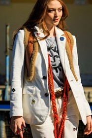 corduroy suit, ginger hair, white suit, leather cropped vest, brown vest, red braided scarf, printed tshirt, grey tshirt, brown belt, leather belt, larsen thompson, fashion week, frenchystyle, FW, jonathan paciullo, street style, vertical, atmosphere details, detail