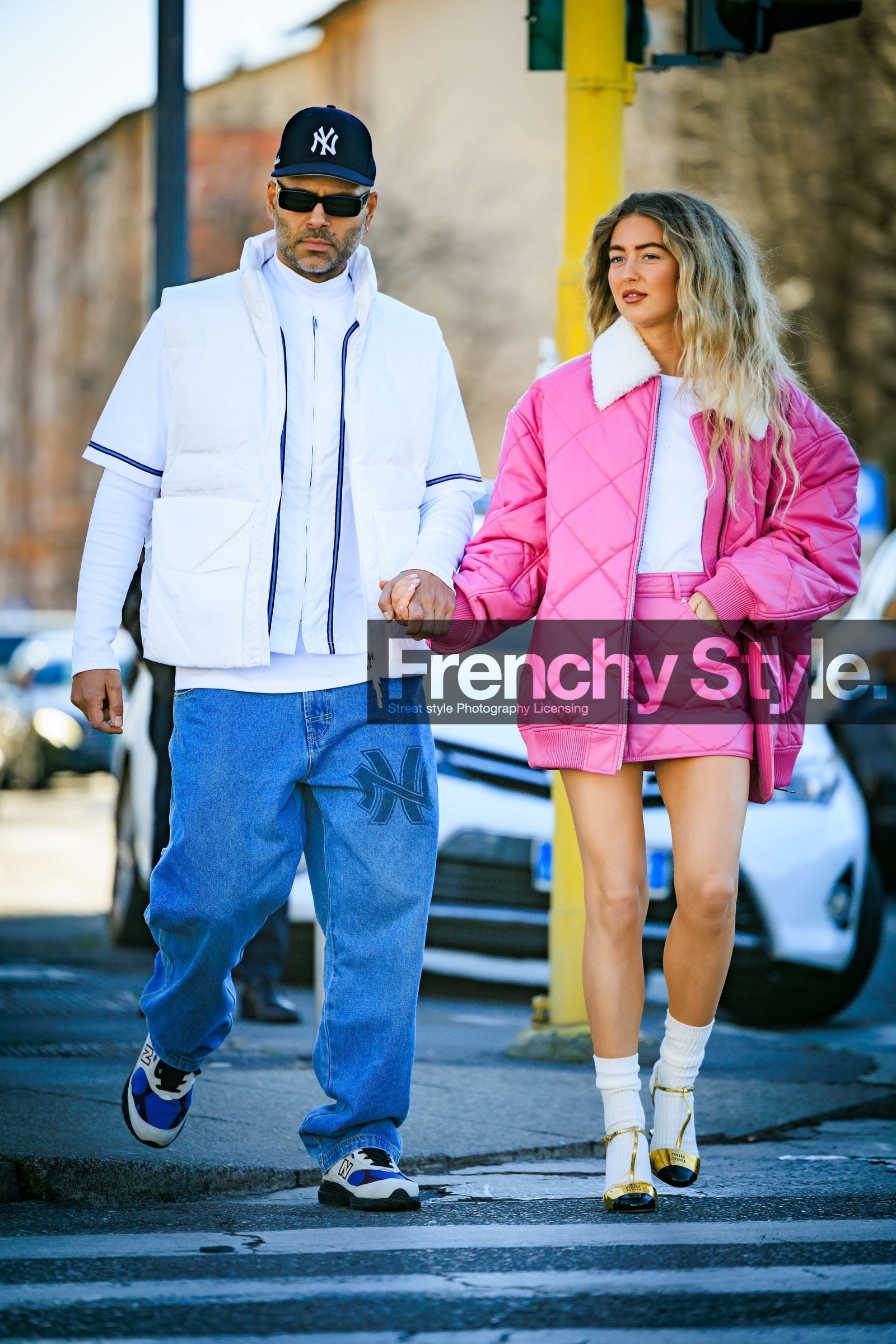 yankees cap, black cap, black sunglasses, white vest, white baseball shirt, white secondskin, classic denim, jeans, white sneakers, mini skirt, pink skirt, pink jacket, puffed jacket, puffes skirt, white tshirt, white socks, golden shoes, emili sindlev, fashion week, frenchystyle, FW, jonathan paciullo, street style, vertical, full length