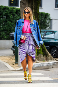 asymetric, AUTUMN WINTER 2016-2017, AW 16-17, blue denim, chanel, checked skirt, denim jacket, FALL WINTER 2016-2017, fashion week, frenchystyle, full length, FW, FW 16-17, geometric, graphic shoes, graphic skirt, high heels, jonathan paciullo, leather shoes, LFW, LONDON, MENSWEAR, mini bag, over the shoulder, pink bag, pink sweater, pink top, plaid, printed skirt, purple skirt, street style, striped skirt, stripes, sunglasses, tartan, thassia naves, vertical, yellow shoes