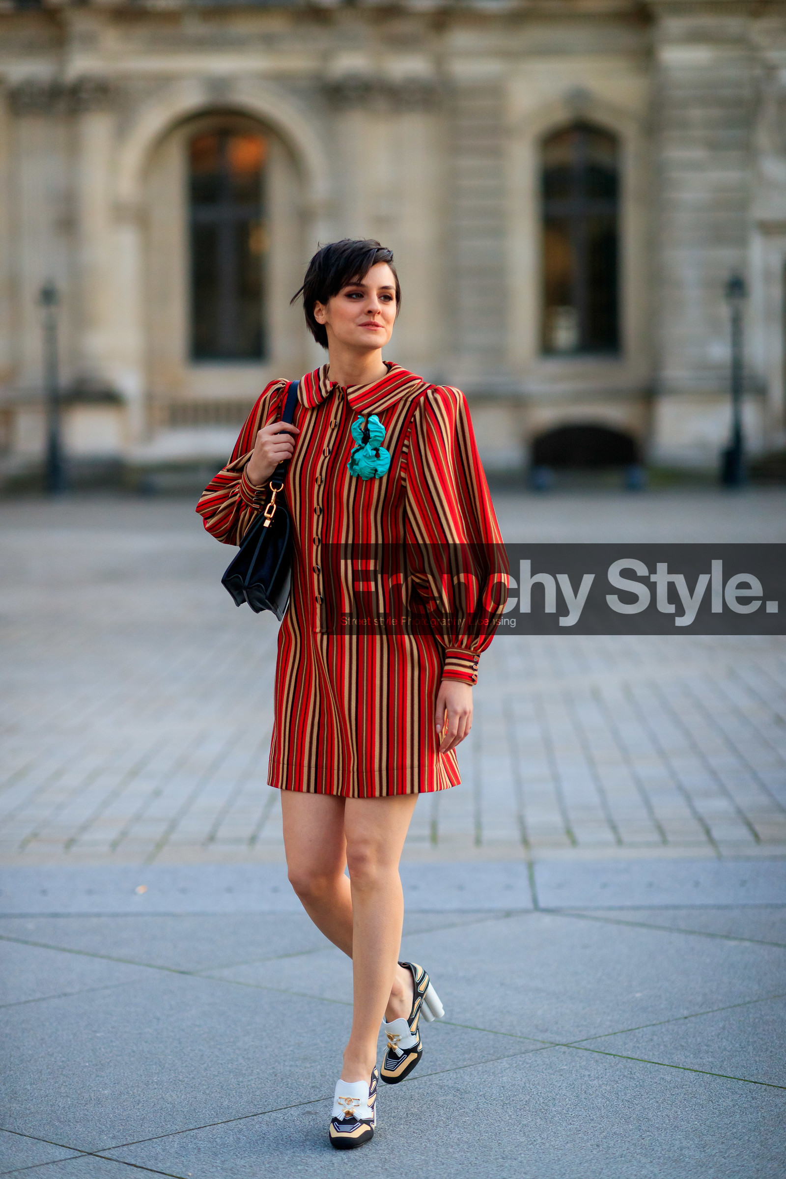 red dress, button dress, striped dress, beige dress, brown dress, mini dress, white leather loafers, beige leather loafers, black leather loafers, high heels loafers, louis vuitton shoes, long sleeves dress, balloon sleeves, louis vuitton dress, fashion week, frenchystyle, FW, jonathan paciullo, street style, PFW, PARIS, vertical, full length