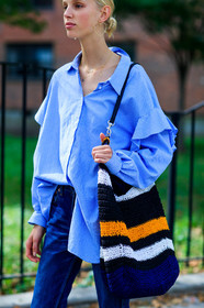 atmosphere details, black bag, blue denim, blue shirt, denim pants, detail, earrings, fashion week, frenchystyle, FW, graphic bag, graphic shirt, jeans, Jessie Bloemendaal, jonathan paciullo, leather bag, men shirt, model, NEW YORK, NYFW, oversize, printed bag, printed shirt, ruffles, SPRING SUMMER 2018, SS 18, street style, striped bag, striped shirt, trousers, tucked in, vertical
