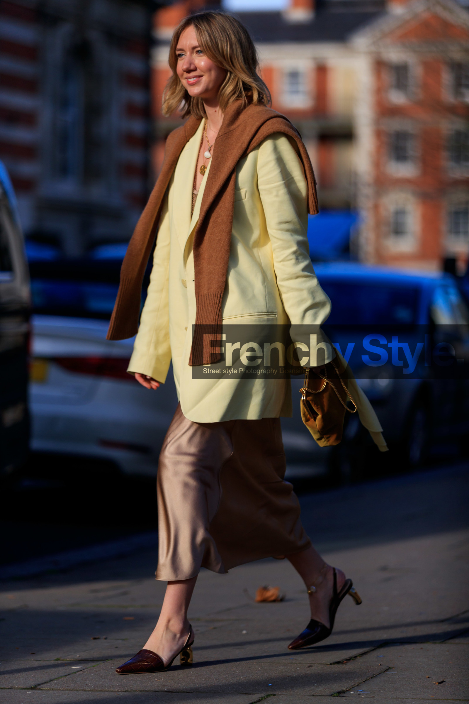 beige skirt, blazer, brown shoes, camel sweater, high heels, leather bag, leather shoes, lisa aiken, necklace, over the shoulder, oversize, yellow bag, yellow jacket, LONDON, LFW, fashion week, frenchystyle, FW, jonathan paciullo, street style, AUTUMN WINTER 2019-2020, AW 19-20, FW 19-20, FALL WINTER 2019-2020, vertical, full length