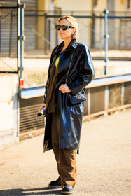 black trench, leather trench, chanel bag, vintage bag, black sunglasses, brown pants, black boots, fashion week, frenchystyle, FW, jonathan paciullo, street style, vertical, full length