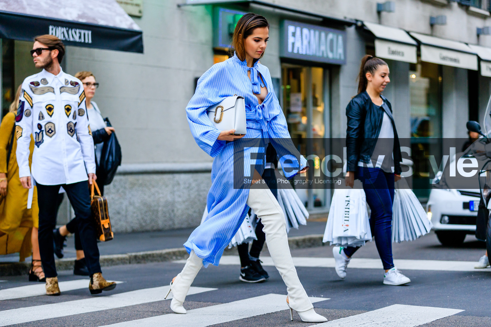 atmosphere details, blue dress, blue shirt, blue skirt, bow, bow collar, Doina Ciobanu, fashion week, frenchystyle, full length, FW, high boots, high heels, horizontal, jonathan paciullo, leather bag, leather shoes, men shirt, MFW, MILAN, shirt dress, SPRING SUMMER 2017, SS 17, street style, striped shirt, white bag, white bg, white boots
