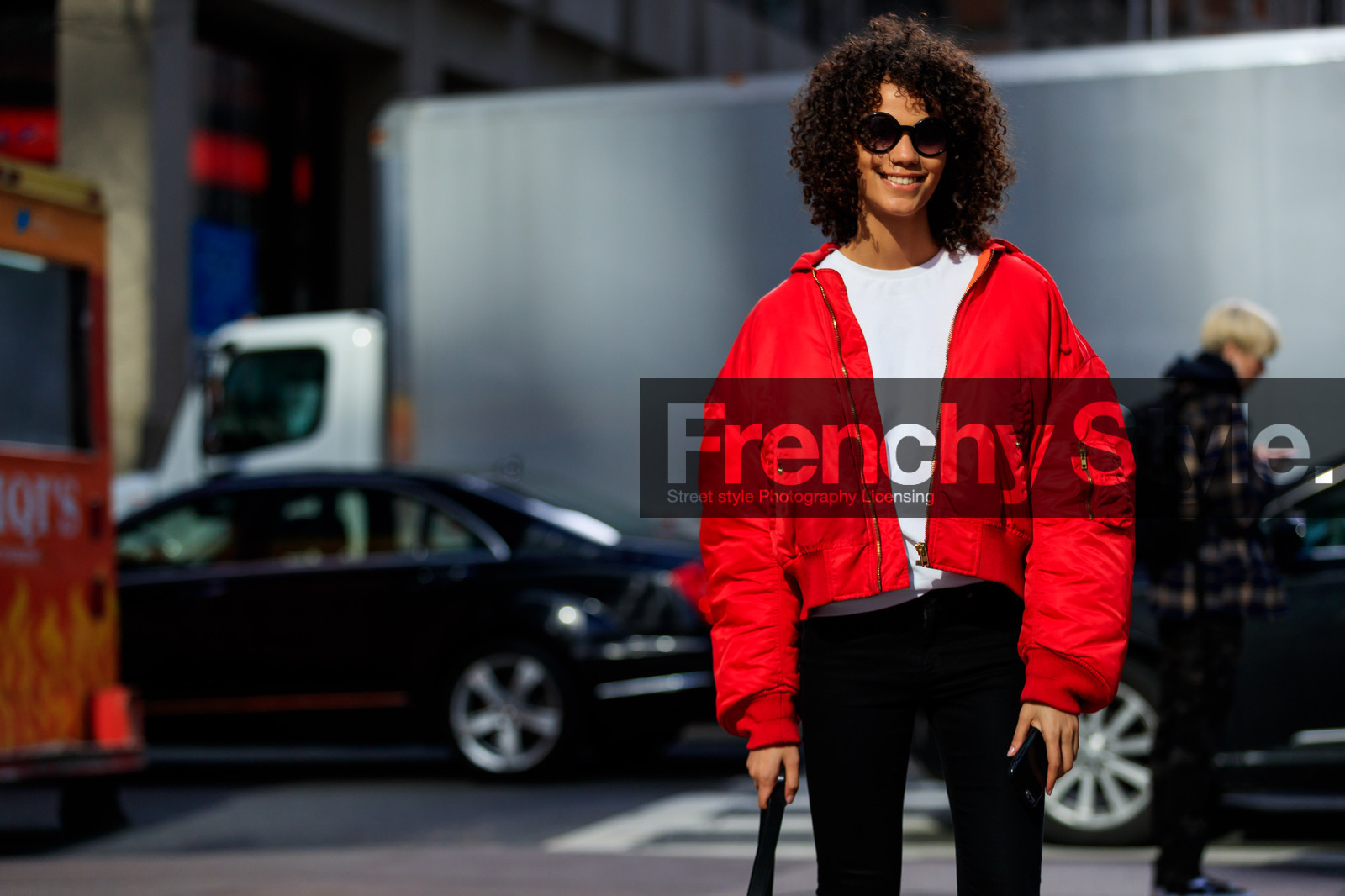 black denim, bomber jacket, denim pants, jeans, red jacket, sunglasses, trousers, white sweater, street style, jonathan paciullo, FW, frenchystyle, fashion week, NYFW, NEW YORK, AUTUMN WINTER 2018-2019, AW 18-19, FALL WINTER 2018-2019, FW 18-19, atmosphere details, horizontal, detail, model