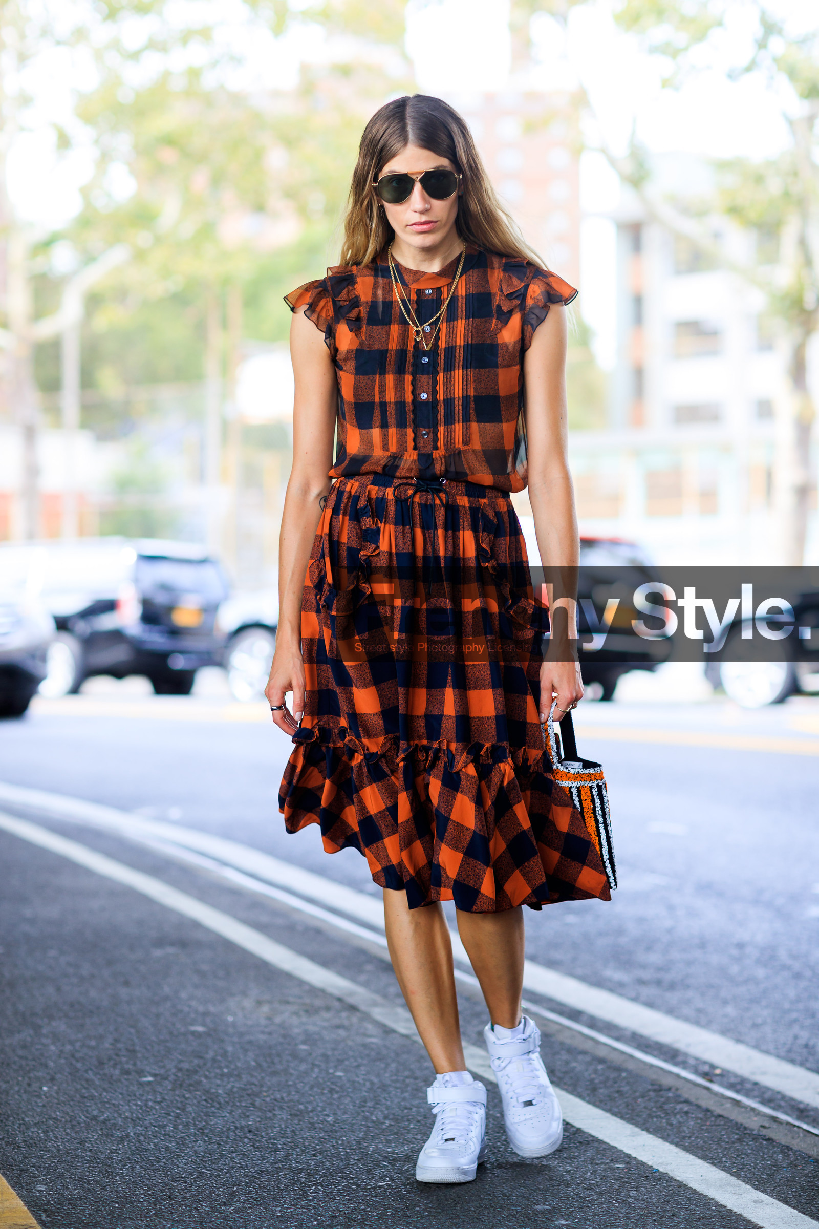 checked dress, embroidered bag, fashion week, frenchystyle, full length, FW, graphic dress, jonathan paciullo, leather bag, leather shoes, NEW YORK, NYFW, orange bag, orange dress, plaid, printed dress, SPRING SUMMER 2018, SS 18, street style, sunglasses, veronika heilbrunner, vertical, white sneakers
