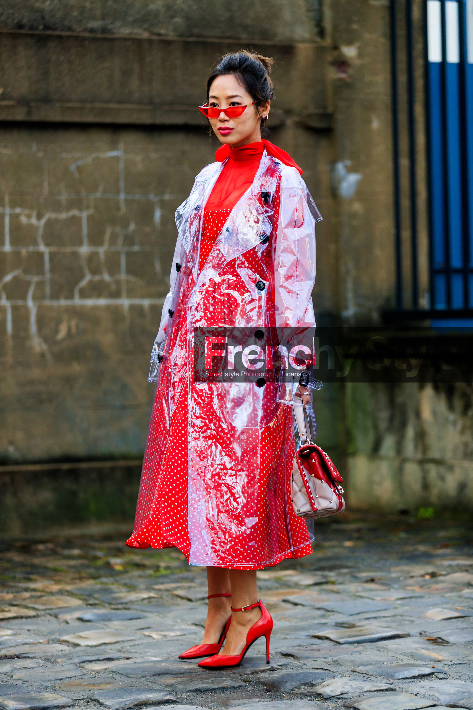 graphic bag, graphic dress, high heels, leather bag, leather shoes, polka dot, printed bag, printed dress, raincoat, red bag, red dress, red shoes, sunglasses, transparent coat, valentino, street style, jonathan paciullo, FW, frenchystyle, fashion week, PFW, PARIS, AUTUMN WINTER 2018-2019, FALL WINTER 2018-2019, FW 18-19, vertical, full length, aimee song