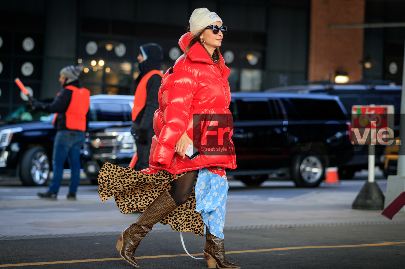 animal print, beige hat, blue dress, brown boots, down jacket, fendi, graphic dress, graphic skirt, high boots, high heels, leather shoes, leopard, monogram, printed dress, printed skirt, red jacket, sunglasses, supreme, street style, jonathan paciullo, frenchystyle, NYFW, NEW YORK, AUTUMN WINTER 2019-2020, AW 19-20, FALL WINTER 2019-2020, FW 19-20, fashion week, FW, atmosphere details, horizontal, full length