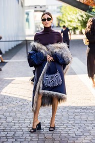 bicolor bag, black coat, black sandals, black sunglasses, cleo bag, flower print, fur coat, Giorgia Tordini, jacquard, prada bag, prada look, print, printed bag, purple turtleneck, sunglasses, turtleneck, fashion week, frenchystyle, FW, jonathan paciullo, street style, SPRING SUMMER 2022, SS 22, MFW, MILAN, vertical, full length
