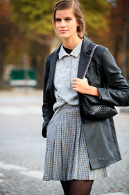 barbora podzimkova, light grey pullover, grey skirt, checked skirt, pleated skirt, mini skirt, school girl look, black leather jacket, black tights, make up, make up details, black eyeliner, black eyeshadows, PARIS, PFW, fashion week, frenchystyle, FW, jonathan paciullo, street style, SPRING SUMMER 2021, SS 21, vertical, atmosphere details, detail, model