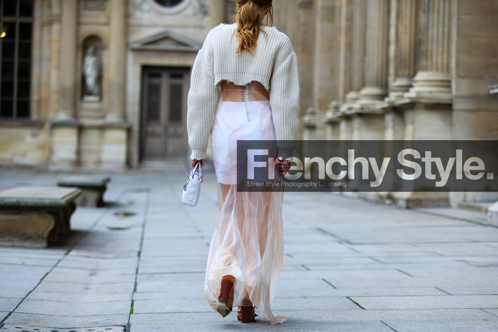 atmosphere details, AUTUMN WINTER 2016-2017, AW 16-17, back detail, beige knit, beige sweater, beige top, black shoes, chiara ferragni, christian dior, crop top, detail, FALL WINTER 2016-2017, fashion week, frenchystyle, FW, FW 16-17, graphic dress, high heels, horizontal, jonathan paciullo, leather bag, leather shoes, long dress, mini bag, PARIS, PFW, pink dress, ponytail, see through, sheer dress, silk dress, street style, striped dress, white bag, white shorts