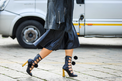 atmosphere details, AUTUMN WINTER 2016-2017, AW 16-17, black boots, black heels, black jacket, black shoes, black skirt, detail, FALL WINTER 2016-2017, fashion week, frenchystyle, FW, FW 16-17, high heels, horizontal, jonathan paciullo, lace up shoes, leather boots, leather jacket, leather skirt, LFW, LONDON, MENSWEAR, pleated skirt, pompons, street style