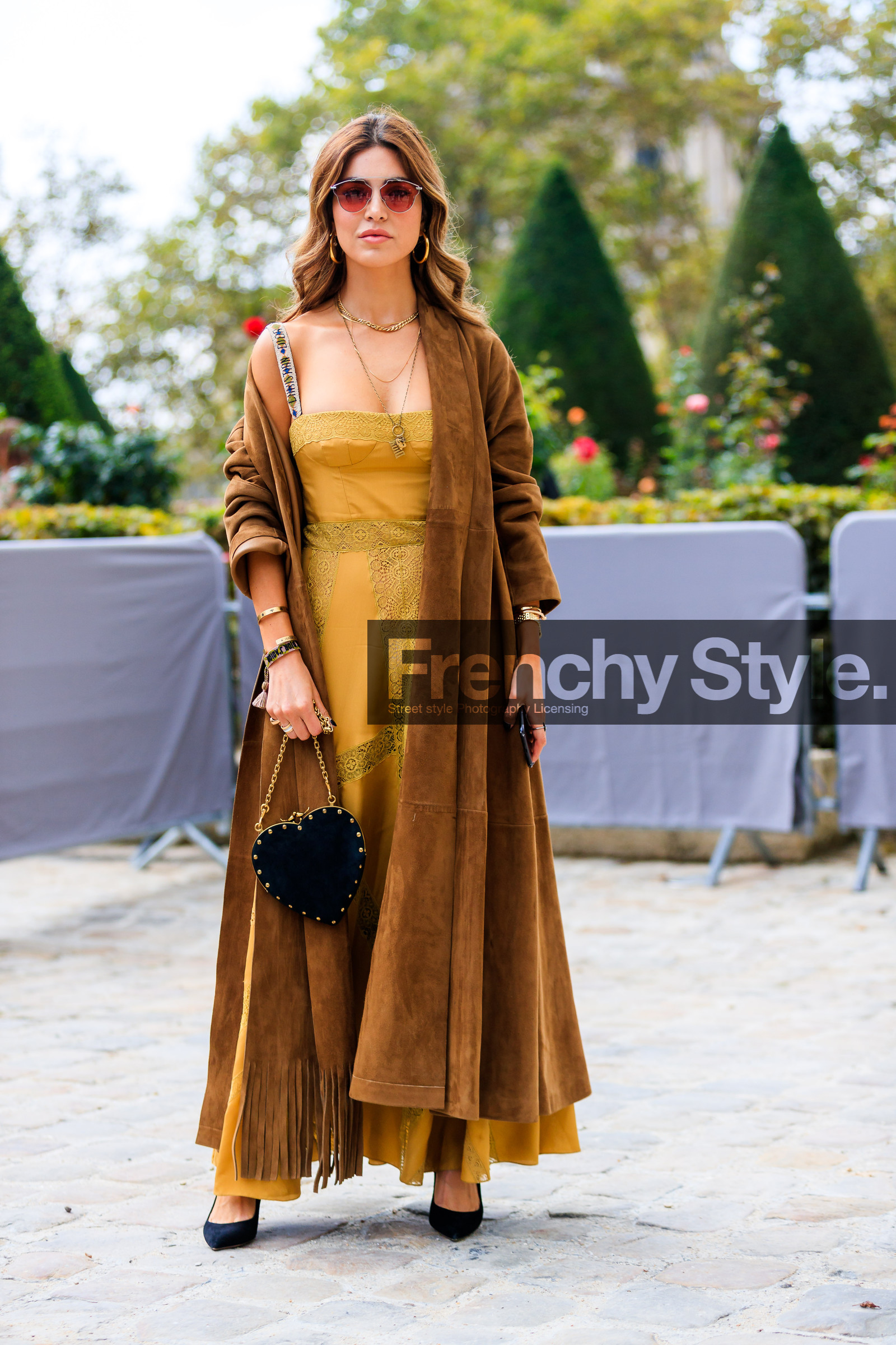 black bag, black shoes, brown coat, christian dior, fashion week, frenchystyle, full length, FW, graphic bag, high heels, jonathan paciullo, leather bag, leather shoes, necklace, negin mirsalehi, PARIS, PFW, printed bag, SPRING SUMMER 2018, SS 18, street style, studs, suede jacket, sunglasses, vertical, yellow dress