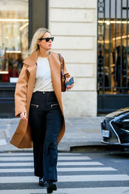 black sunglasses, black pants, flare pants, zipped pants, white t-shirt, camel coat, camel jacket, rayban sunglasses, PARIS, PFW, SPRING SUMMER 2020, SS 20, fashion week, frenchystyle, FW, jonathan paciullo, street style, vertical, full length