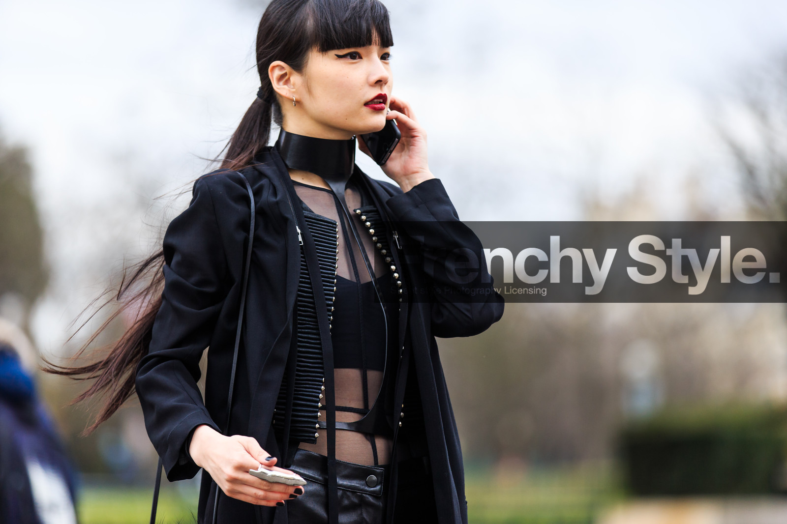 atmosphere details, AUTUMN WINTER 2016-2017, AW 16-17, black jacket, black pants, black top, blazer, choker, detail, eyeliner, FALL WINTER 2016-2017, fashion week, frenchystyle, FW, FW 16-17, harness, horizontal, jonathan paciullo, kozue akimoto, lace top, leather pants, necklace, PARIS, PFW, ponytail, red lips, see through, street style, transparent, trousers