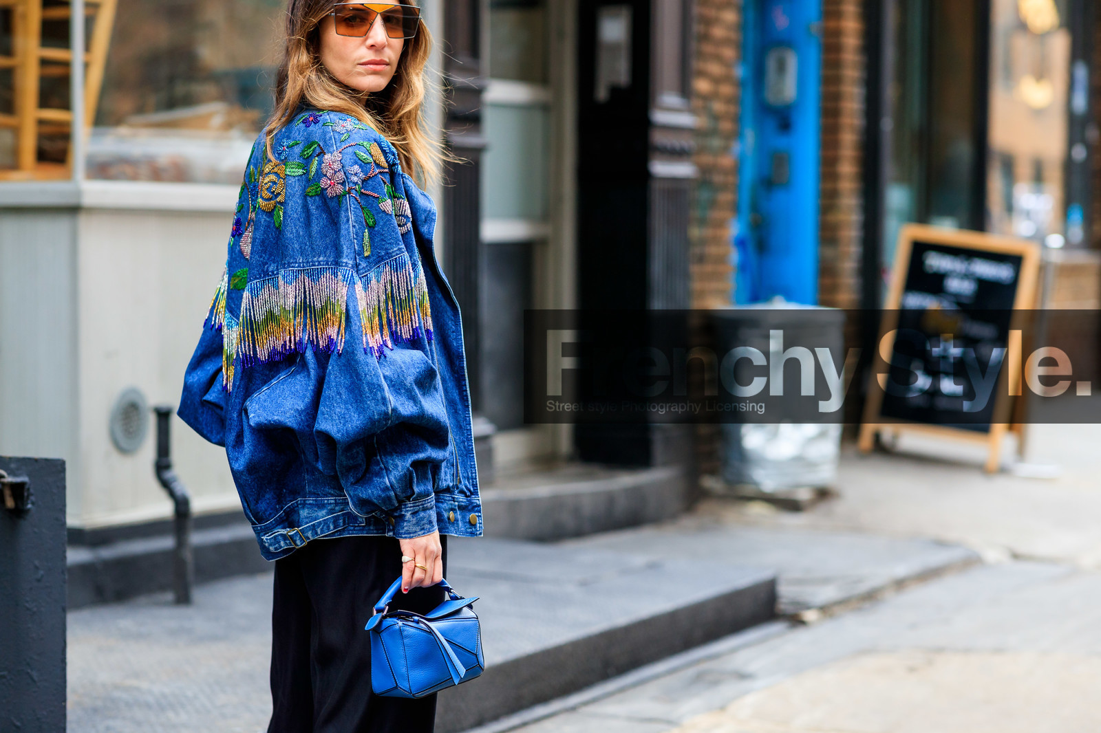 black pants, blue bag, blue denim, denim jacket, embroidered jacket, fringes, graphic jacket, jen wonders, leather bag, loewe, pearls, printed jacket, sunglasses, trousers, street style, jonathan paciullo, frenchystyle, NYFW, NEW YORK, AUTUMN WINTER 2019-2020, AW 19-20, FALL WINTER 2019-2020, FW 19-20, fashion week, FW, atmosphere details, horizontal, detail
