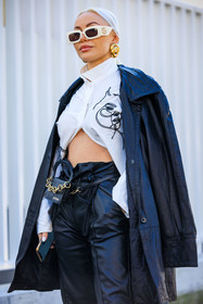 gucci sunglasses, golden big earrings, cropped shirt, full white look, black parka, black jacket, black pants, highwaisted leather pants, chiquito bag, jacquemus bag, black belt bag, details, close up, white hair, embroidered shirt, fashion week, frenchystyle, FW, jonathan paciullo, street style, MFW, MILAN, FALL WINTER 2022_2023, AUTUMN WINTER 2022-2023, FW 22-23, vertical, atmosphere details