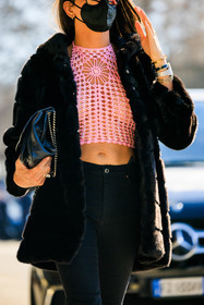 knitted top, cropped top, pink top, black coat, furry coat, black pants, details, watch, black handbag, fashion week, frenchystyle, FW, jonathan paciullo, street style, vertical, atmosphere details, detail
