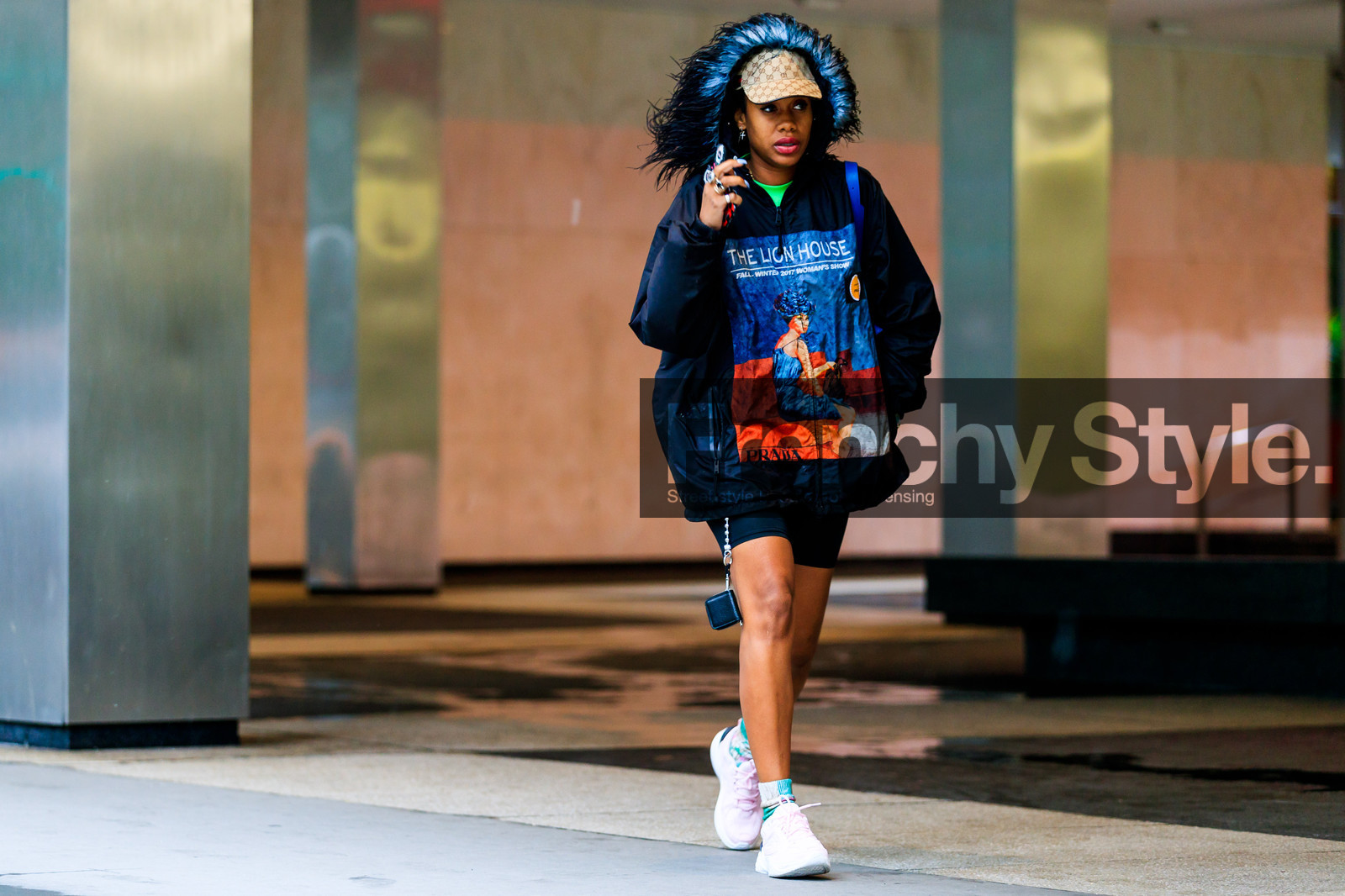 beige cap, black jacket, feathers, graphic bag, graphic jacket, gucci, hood, jan-michael quammie, leather shoes, prada, printed bag, printed jacket, rain jacket, white sneakers, street style, jonathan paciullo, FW, frenchystyle, fashion week, NYFW, NEW YORK, SPRING SUMMER 2019, SS 19, atmosphere details, horizontal, full length