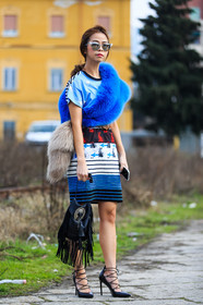 AUTUMN WINTER 2016-2017, AW 16-17, black bag, black shoes, blue dress, blue fur, blue scarf, FALL WINTER 2016-2017, fashion week, frenchystyle, fringes, full length, fur scarf, FW, FW 16-17, graphic dress, high heels, jonathan paciullo, lace up shoes, leather bag, leather shoes, LFW, LONDON, MENSWEAR, ploy chava, pompons, printed dress, street style, striped dress, stripes, sunglasses, vertical