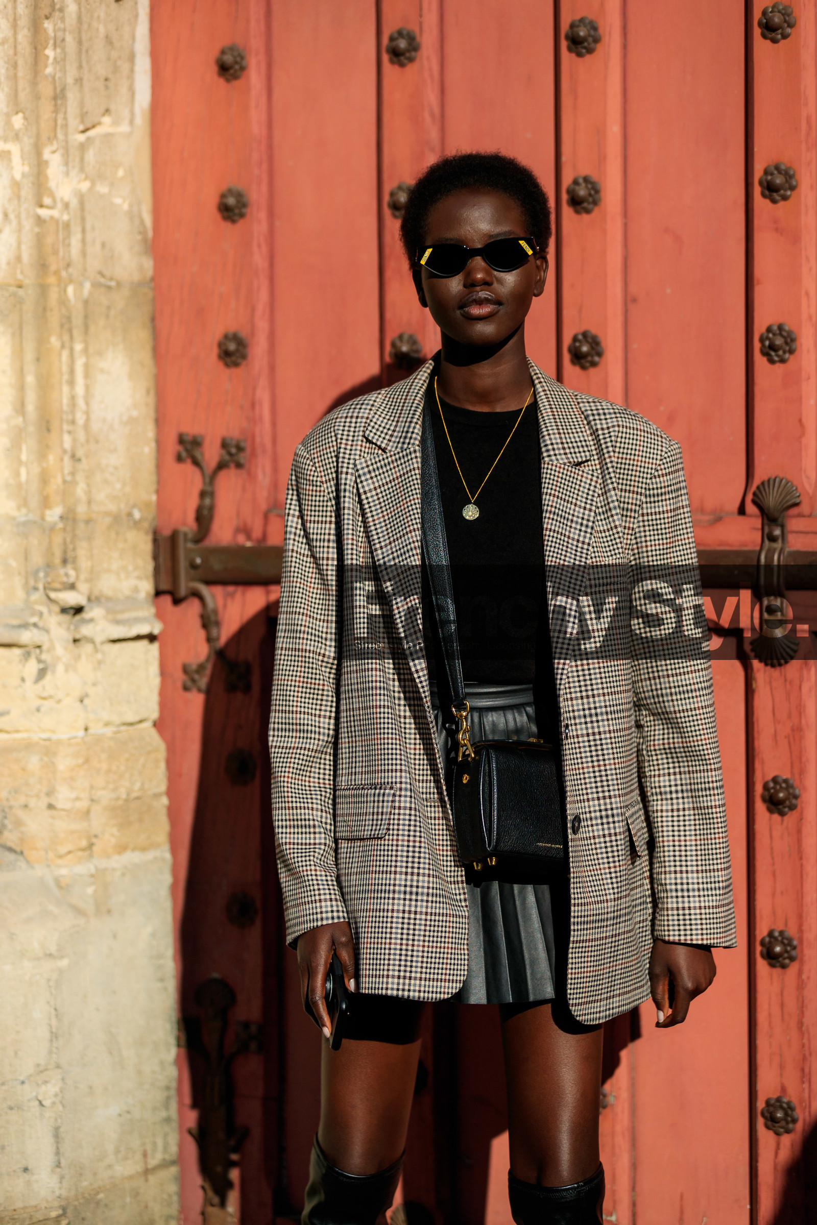 alexander mcqueen, beige jacket, black bag, black skirt, black sweater, blazer, checked, fendi, graphic jacket, leather bag, leather skirt, model, necklace, plaid, pleated skirt, printed jacket, sunglasses, PARIS, PFW, street style, jonathan paciullo, FW, frenchystyle, fashion week, AUTUMN WINTER 2019-2020, AW 19-20, FALL WINTER 2019-2020, FW 19-20, vertical, atmosphere details, detail