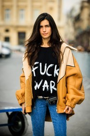 printe tshirt, fuck war, bomber jacket, leather jacket, mustard jacket, dual toned jacket, denim, skinny jeans, chiara totire, fashion week, frenchystyle, FW, jonathan paciullo, street style, AUTUMN WINTER 2022-2023, FALL WINTER 2022_2023, FW 22-23, PFW, PARIS, vertical, detail