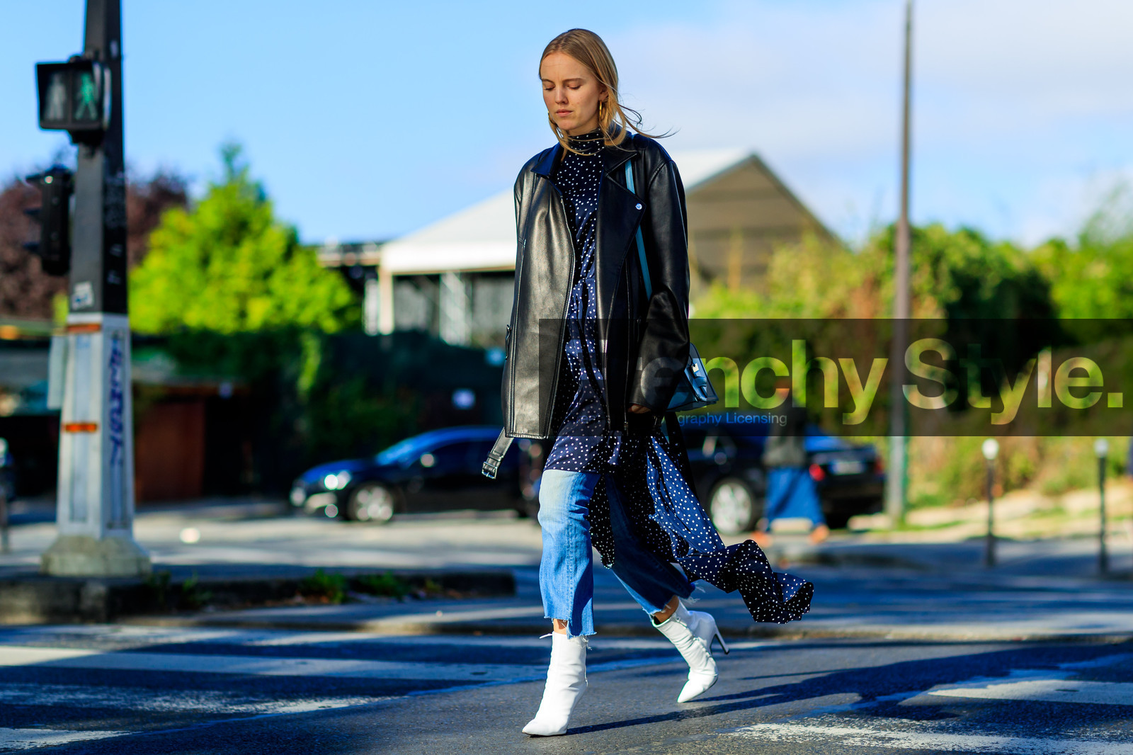 alexandra carl, atmosphere details, black jacket, black perfecto, blue denim, blue dress, denim pants, fashion week, frenchystyle, full length, FW, high heels, horizontal, jeans, jonathan paciullo, leather jacket, leather perfecto, leather shoes, PARIS, PFW, polka dot, printed dress, silk dress, SPRING SUMMER 2017, SS 17, street style, trousers, white boots
