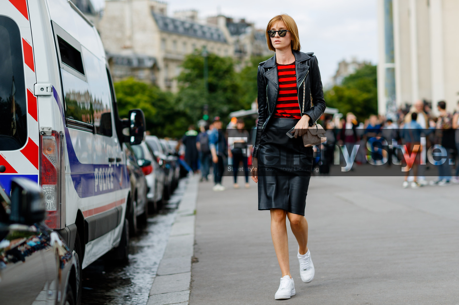 atmosphere details, AUTUMN WINTER 2016-2017, AW 16-17, black jacket, black perfecto, black skirt, chanel, FALL WINTER 2016-2017, fashion week, frenchystyle, full length, FW, FW 16-17, graphic top, HAUTE COUTURE, horizontal, jonathan paciullo, leather bag, leather jacket, leather perfecto, leather skirt, leather sneakers, MENSWEAR, PARIS, PFW, pink bag, red top, street style, striped top, stripes, sunglasses, white sneakers