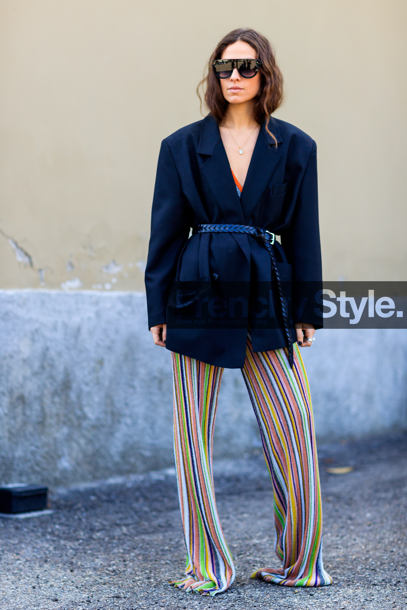 AUTUMN WINTER 2017-2018, AW 17-18, belted jacket, black belt, black jacket, blazer, erika boldrin, FALL WINTER 2017-2018, fashion week, frenchystyle, full length, FW, FW 17-18, geometric, graphic pants, jonathan paciullo, marco de vincenzo, MFW, MILAN, multicolor pants, oversize, printed pants, street style, striped pants, stripes, sunglasses, trousers, vertical