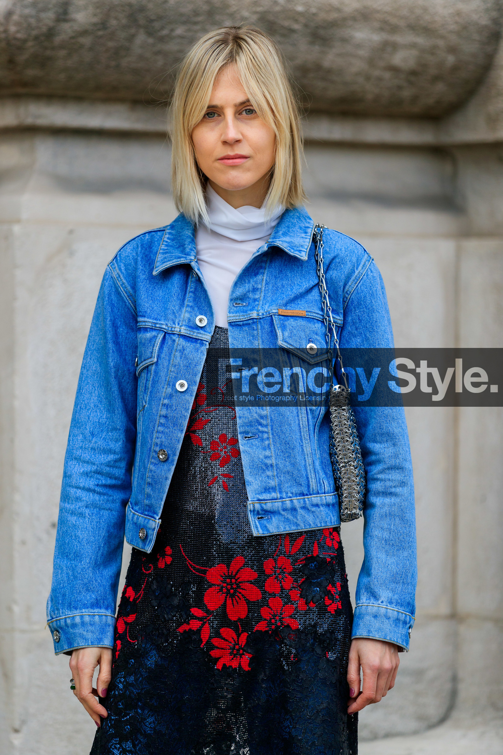 black dress, blue denim, denim jacket, floral, flowers, graphic dress, linda tol, metallic bag, paco rabanne, printed dress, see through, sequined dress, sheer dress, shiny bag, shiny dress, silver bag, trousers, turtleneck sweater, white sweater, PARIS, PFW, street style, jonathan paciullo, FW, frenchystyle, fashion week, AUTUMN WINTER 2019-2020, AW 19-20, FALL WINTER 2019-2020, FW 19-20, vertical, atmosphere details, detail