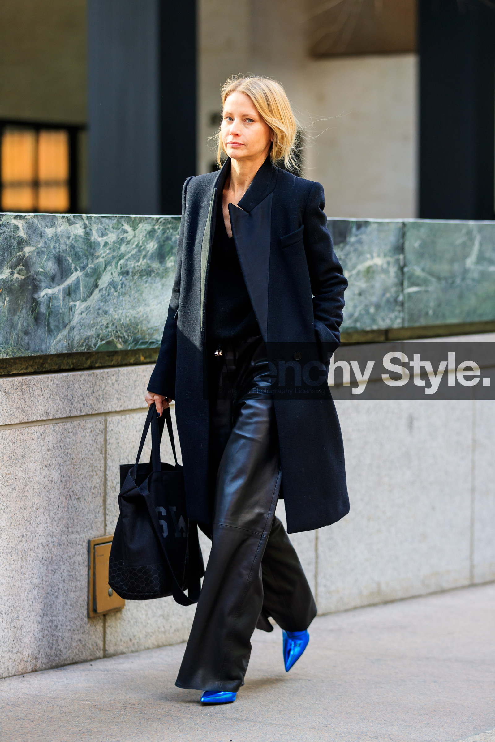 black bag, black coat, black jacket, black pants, blue shoes, leather bag, leather pants, leather shoes, trousers, street style, jonathan paciullo, FW, frenchystyle, fashion week, NYFW, NEW YORK, AUTUMN WINTER 2018-2019, AW 18-19, FALL WINTER 2018-2019, FW 18-19, vertical, full length, holly rodgers
